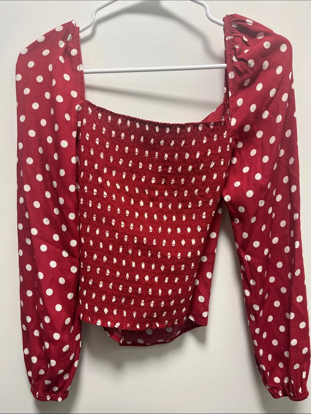 Reformation Red Polka Dot Square-Neck Long Sleeve Top